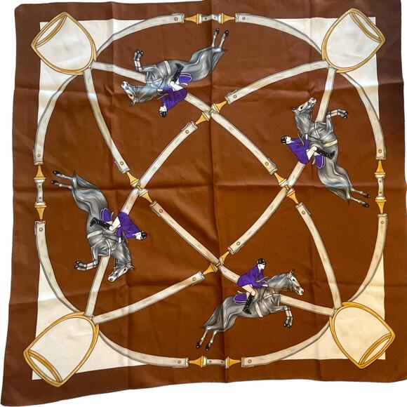 Equestrian Scarf 30" Square Brown Cream Purple Riding Horse Show Rope Bridle - Picture 1 of 5